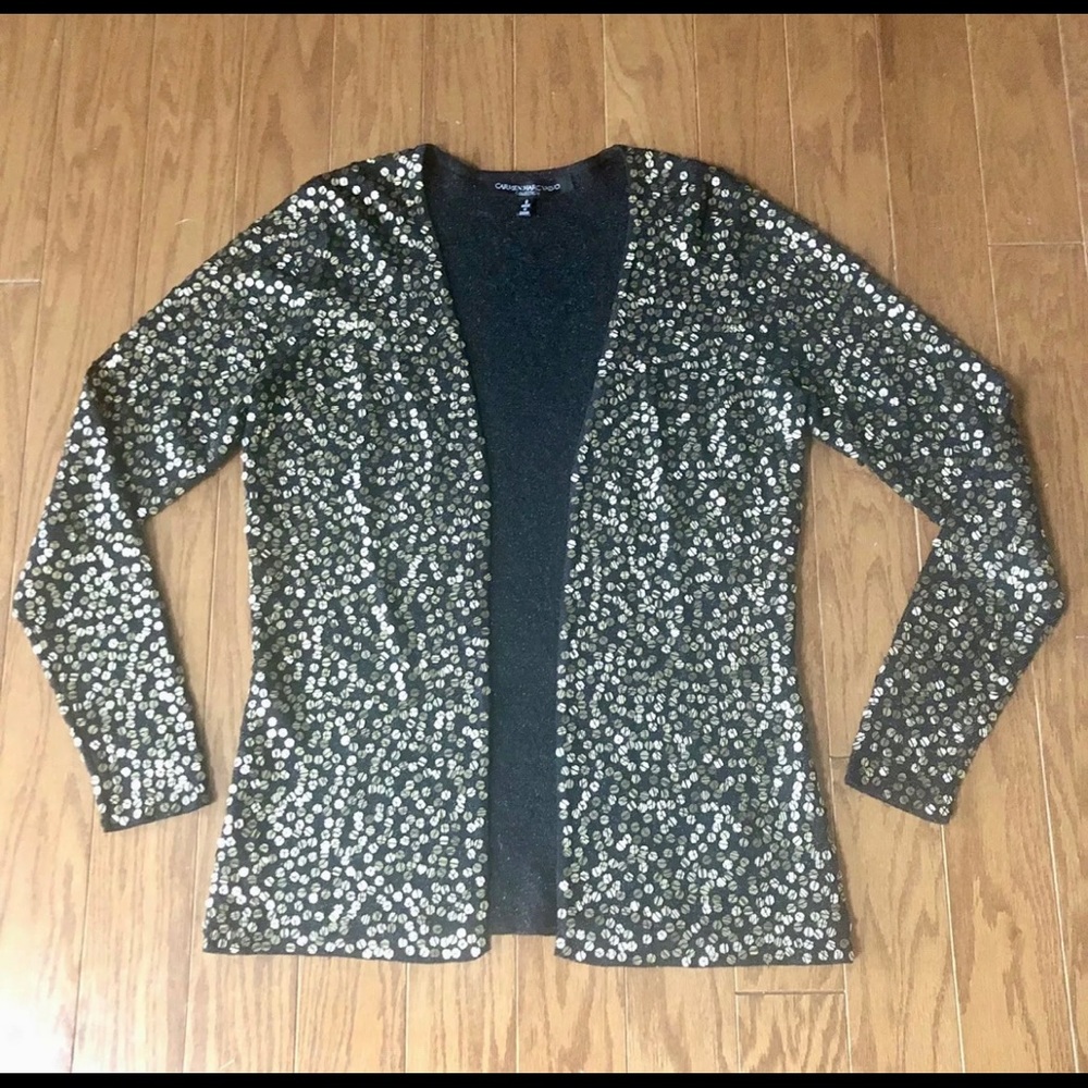 Carmen Marc Valvo Black Cardigan Sweater Gold Sequins Women’s Size Small NWOT - Picture 2 of 6